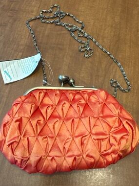 Sasha Satin Orange Evening Kiss-Lock Clutch with Chain